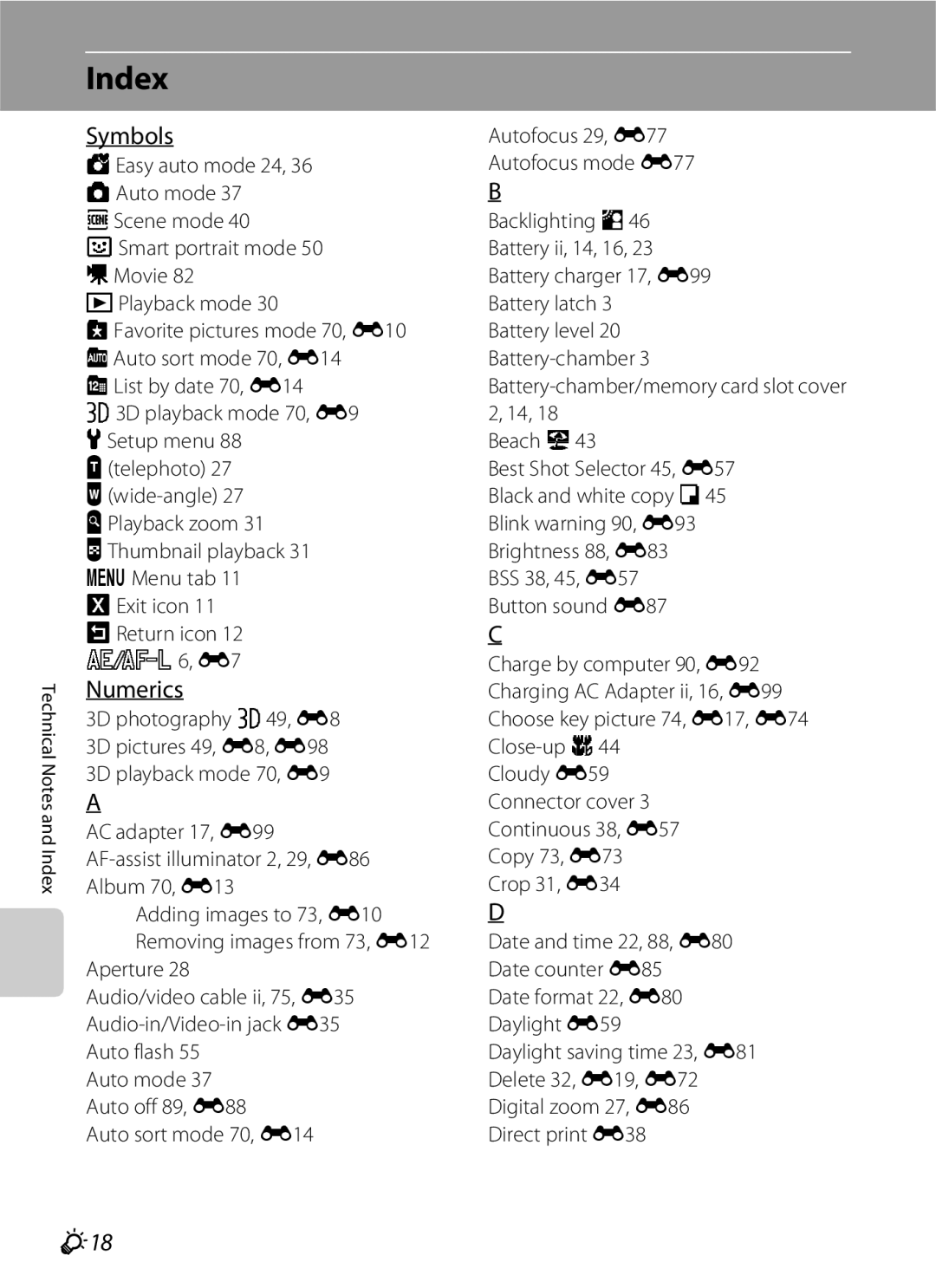 Nikon COOLPIXS100GOLD, COOLPIXS100PURPLE, COOLPIXS100RED, COOLPIXS100BLK manual Index, Symbols, Numerics, F18 