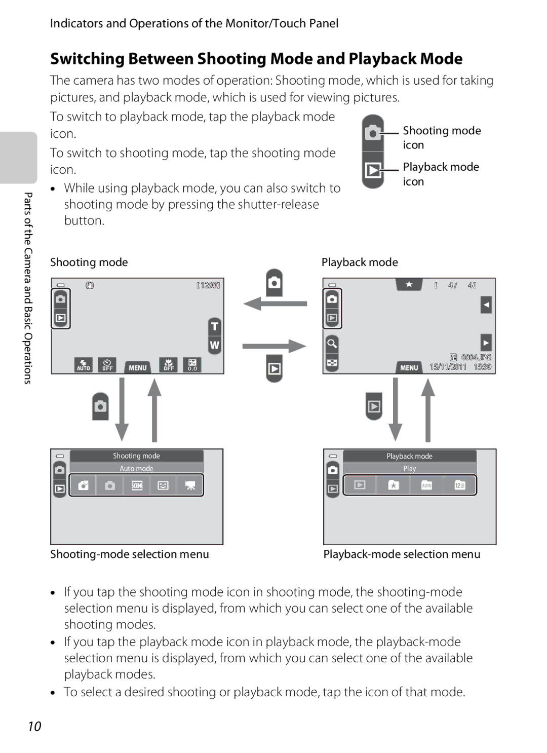 Nikon COOLPIXS100PURPLE, COOLPIXS100RED Switching Between Shooting Mode and Playback Mode, Shooting-mode selection menu 