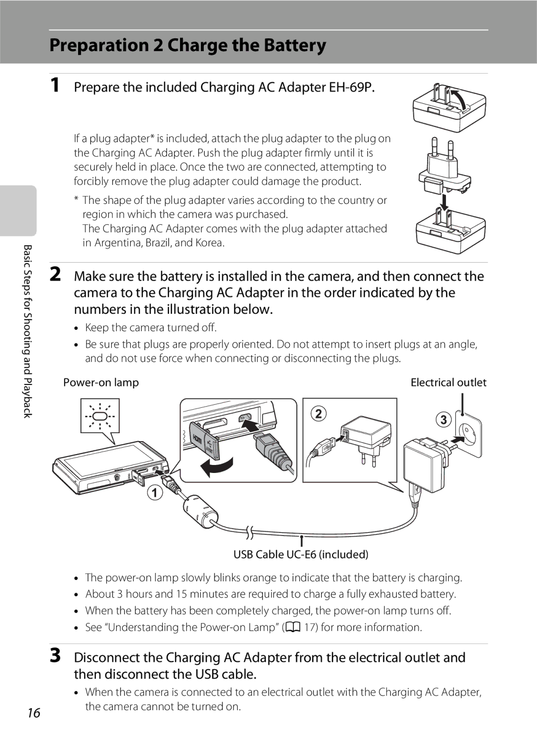 Nikon COOLPIXS100GOLD Preparation 2 Charge the Battery, Prepare the included Charging AC Adapter EH-69P, Power-on lamp 