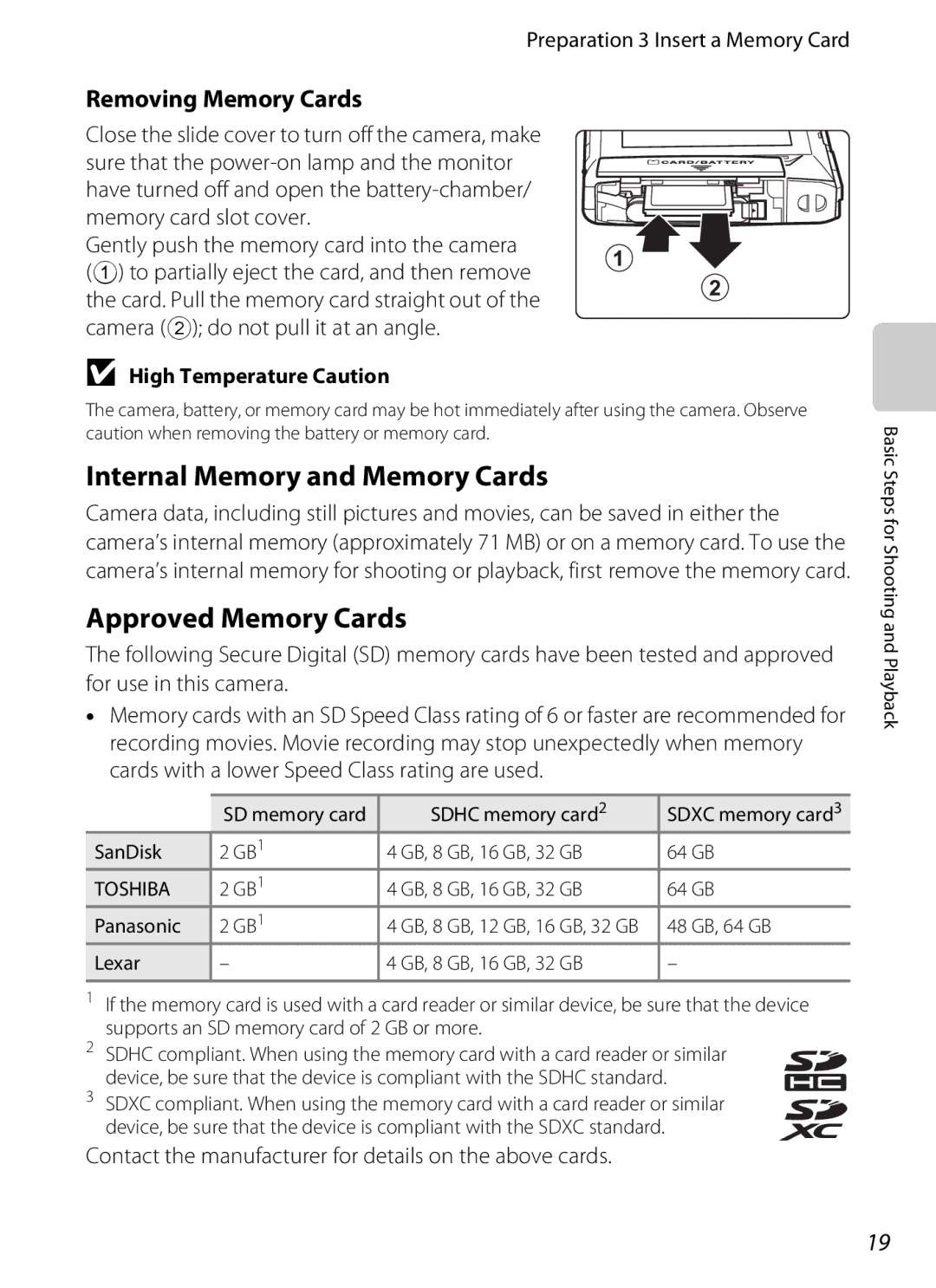 Nikon COOLPIXS100RED, COOLPIXS100PURPLE Internal Memory and Memory Cards, Approved Memory Cards, Removing Memory Cards 