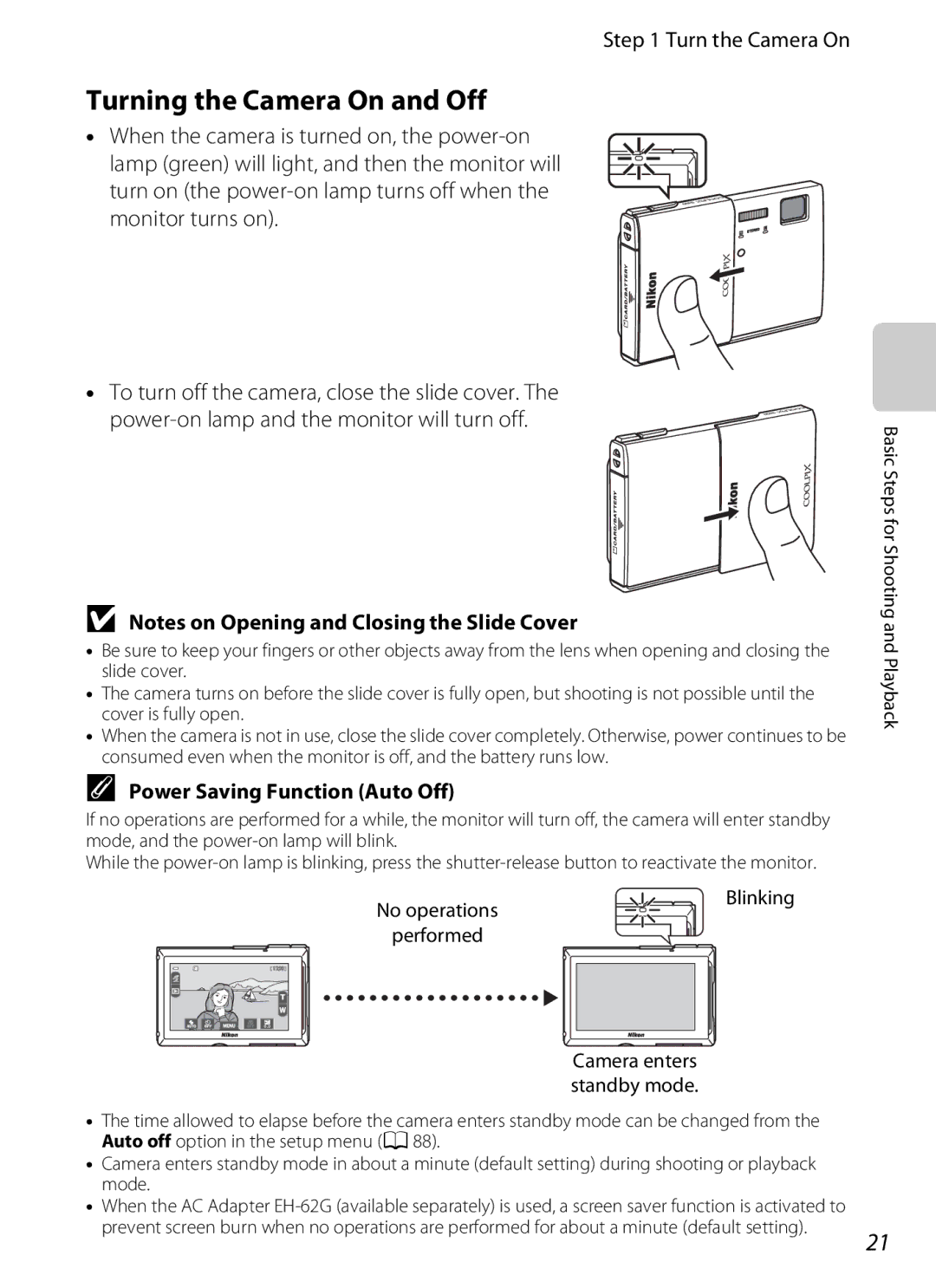Nikon COOLPIXS100BLK manual Turning the Camera On and Off, Turn the Camera On, Power Saving Function Auto Off, Blinking 