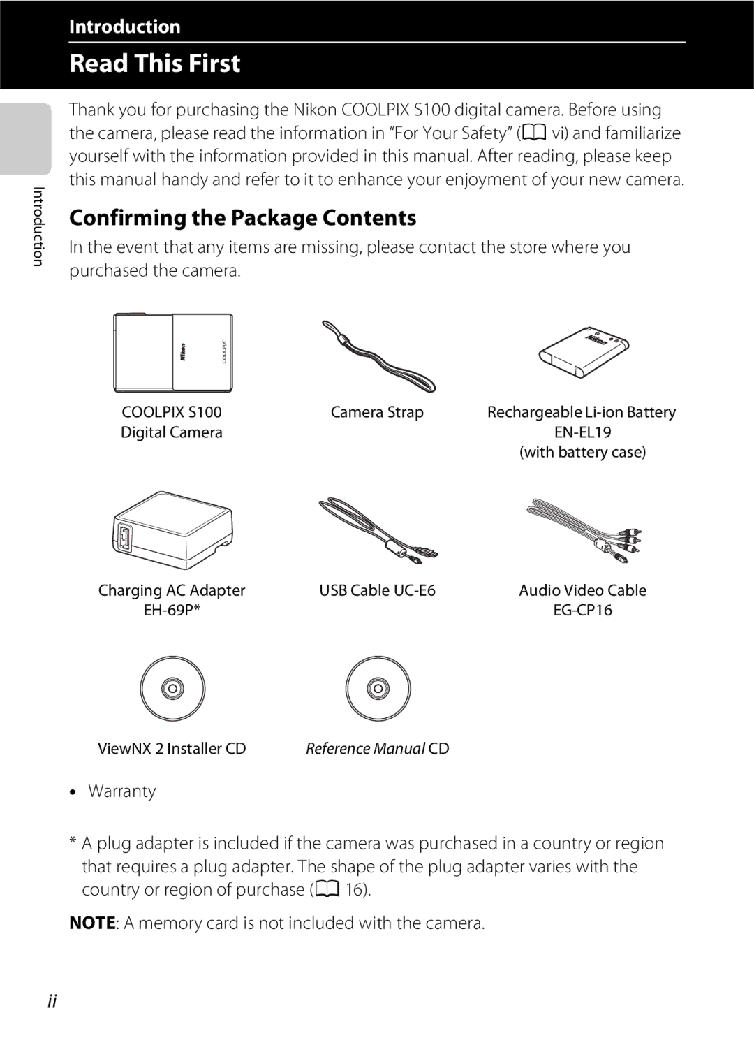 Nikon COOLPIXS100PURPLE, COOLPIXS100RED, COOLPIXS100GOLD, COOLPIXS100BLK Read This First, Confirming the Package Contents 