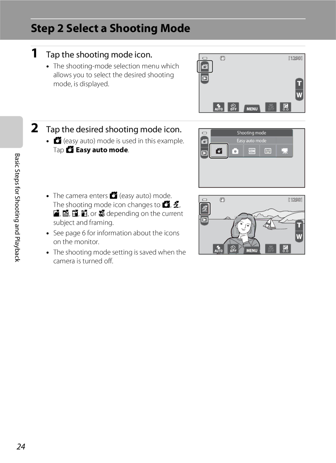 Nikon COOLPIXS100GOLD manual Select a Shooting Mode, Tap the shooting mode icon, Tap the desired shooting mode icon 