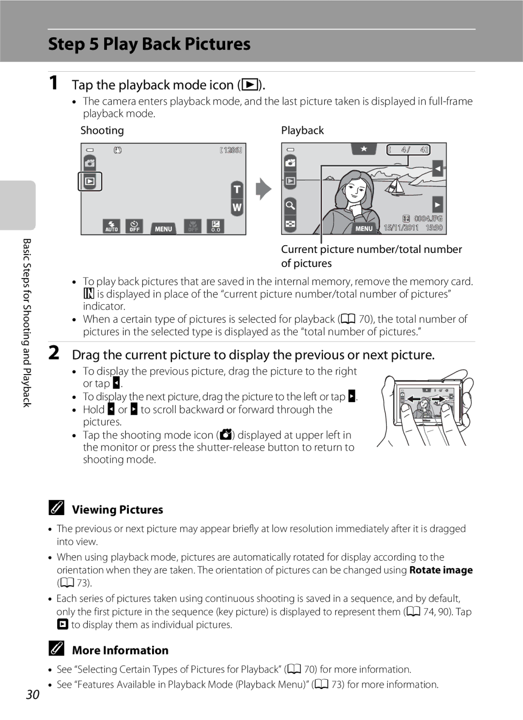 Nikon COOLPIXS100PURPLE manual Play Back Pictures, Tap the playback mode icon c, Viewing Pictures, More Information 