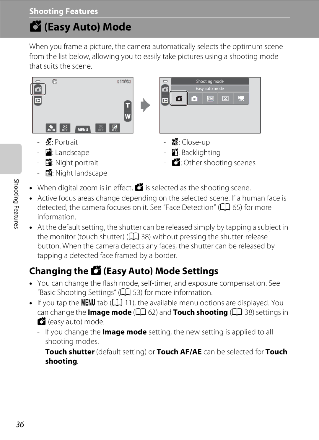 Nikon COOLPIXS100GOLD manual Changing the GEasy Auto Mode Settings, Portrait Landscape Night portrait Night landscape 