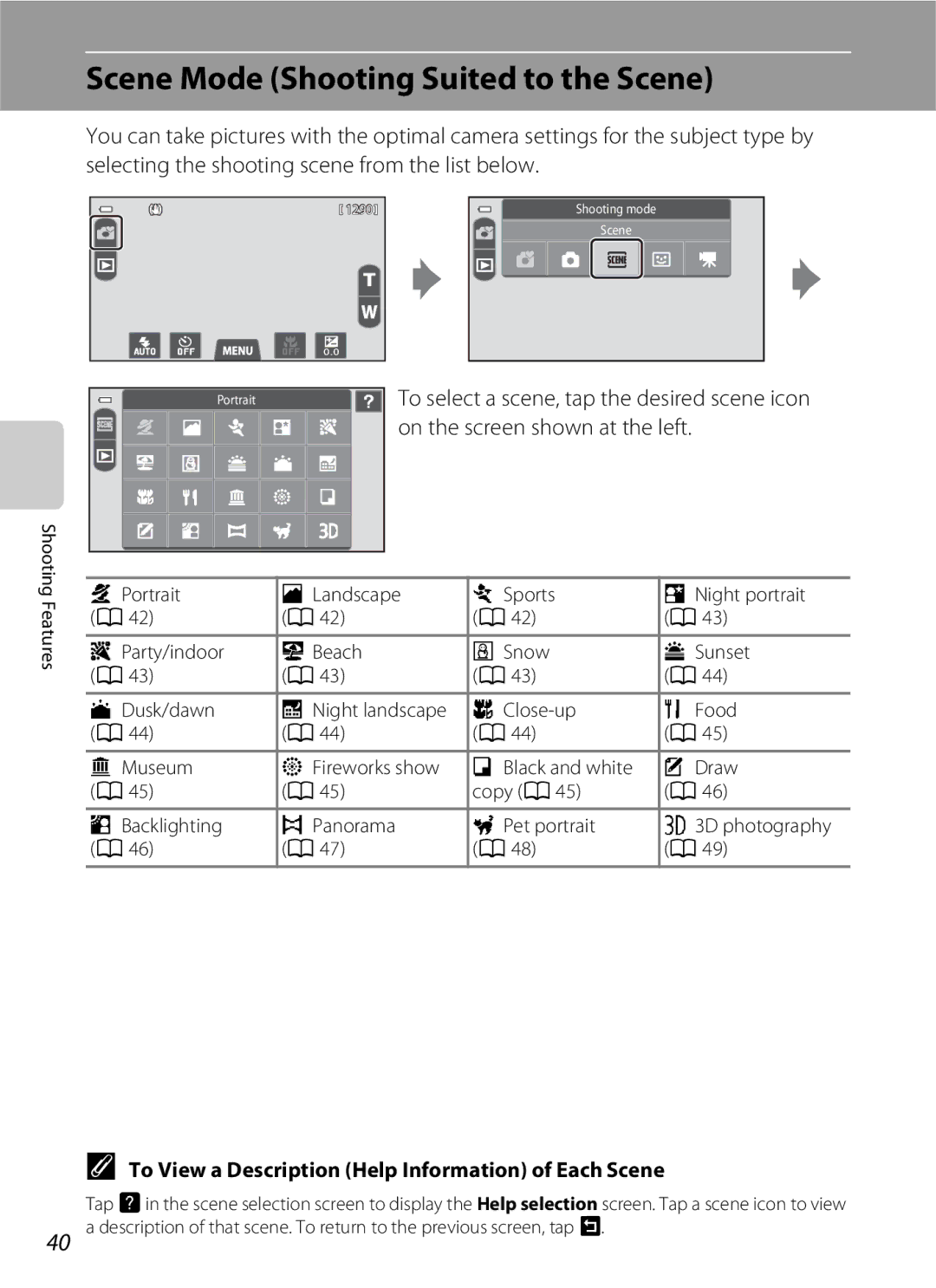 Nikon COOLPIXS100GOLD manual Scene Mode Shooting Suited to the Scene, On the screen shown at the left, A46 A47 A48 A49 