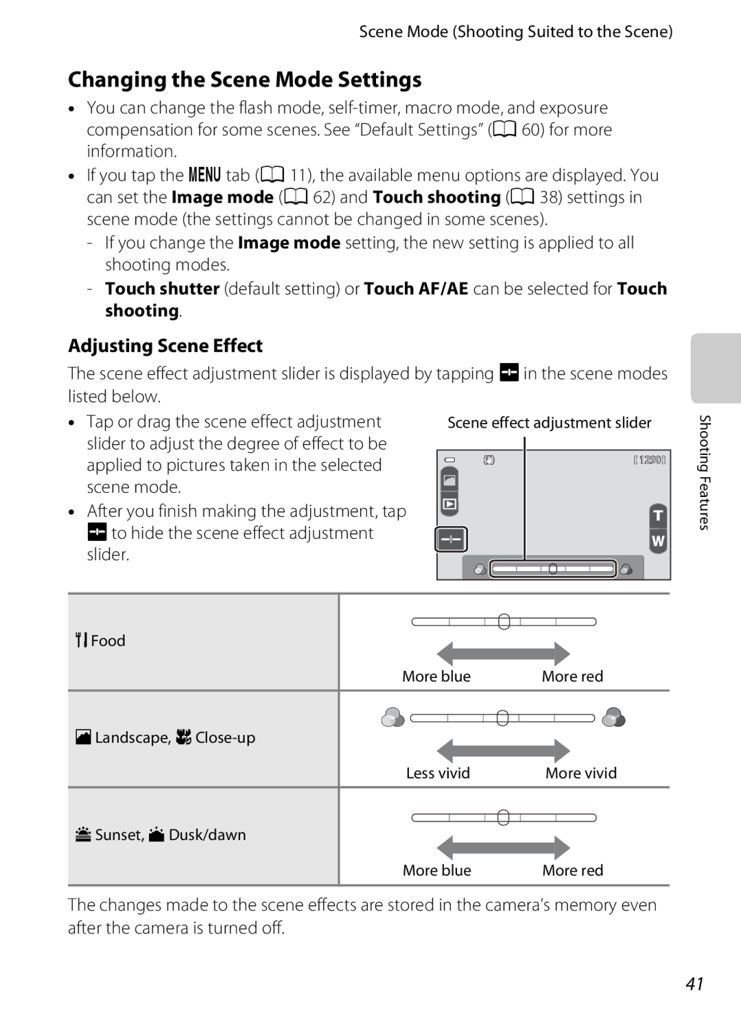 Nikon COOLPIXS100BLK Changing the Scene Mode Settings, Adjusting Scene Effect, Scene Mode Shooting Suited to the Scene 