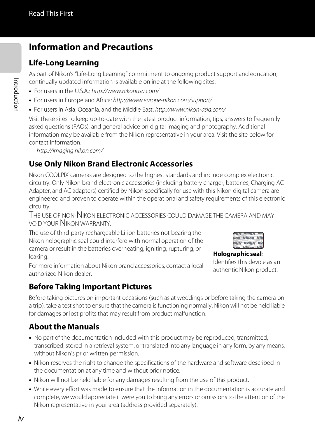 Nikon COOLPIXS100GOLD manual Information and Precautions, Life-Long Learning, Use Only Nikon Brand Electronic Accessories 