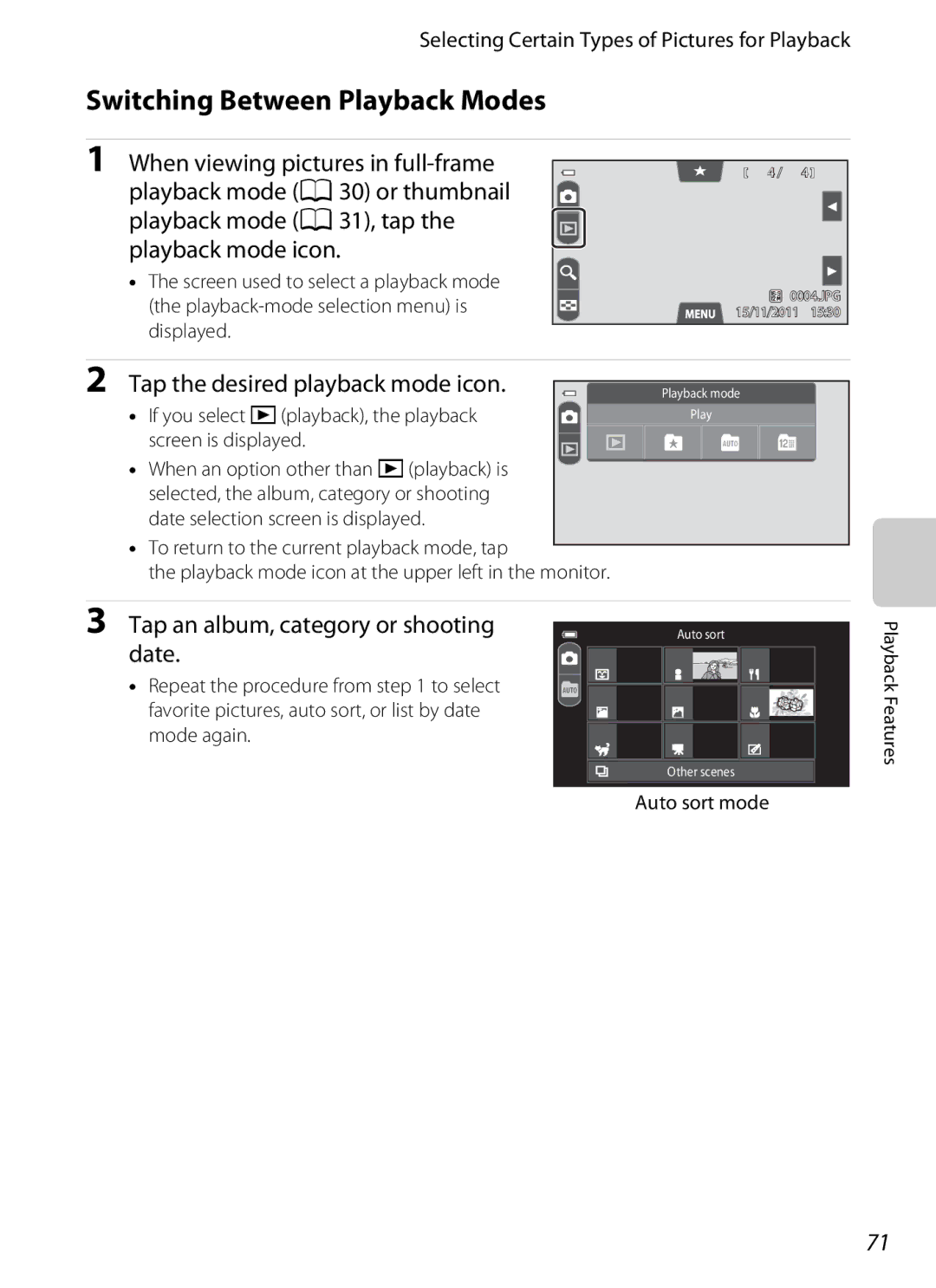 Nikon COOLPIXS100RED, COOLPIXS100PURPLE manual Switching Between Playback Modes, Tap the desired playback mode icon 