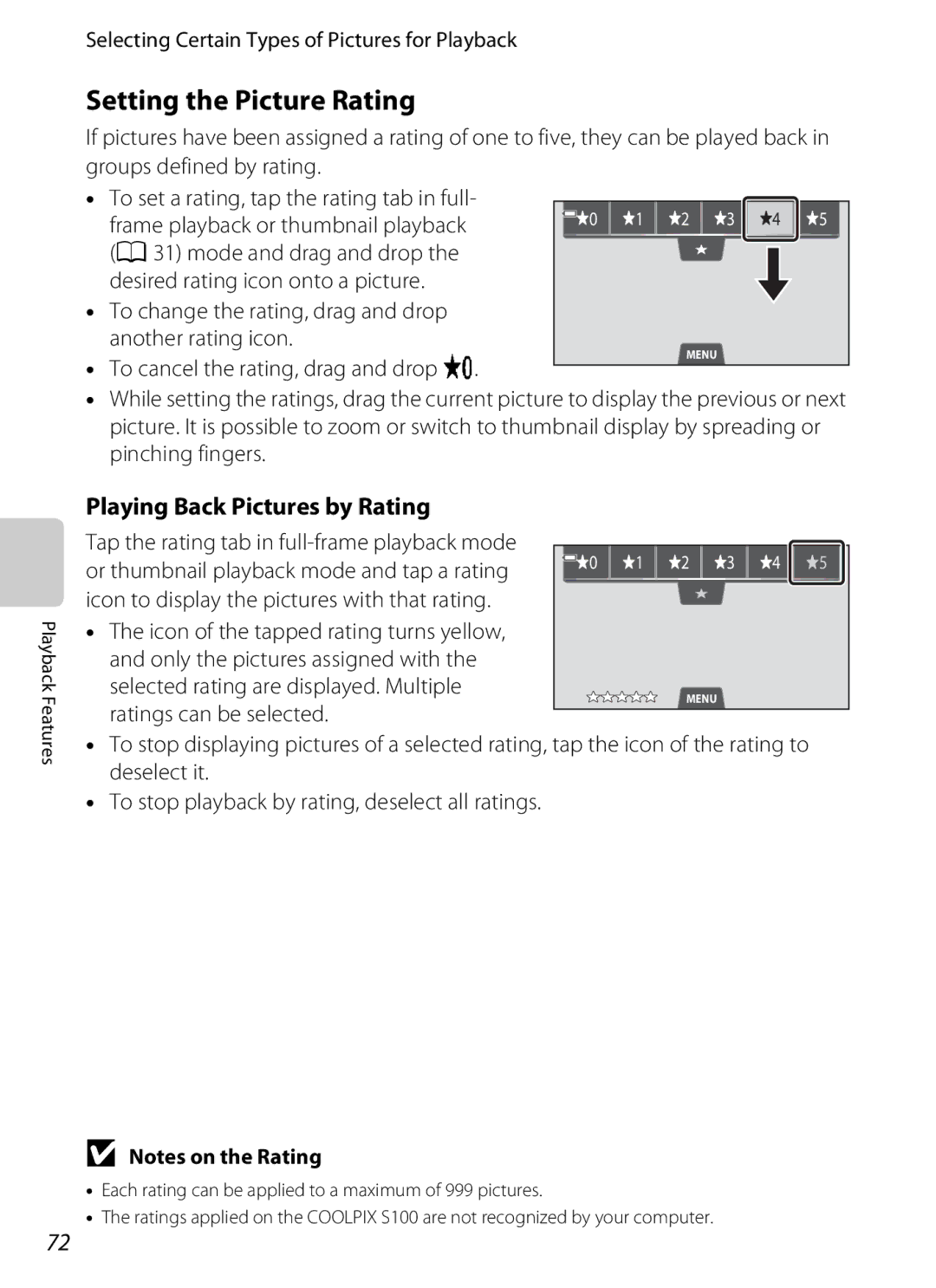Nikon COOLPIXS100GOLD, COOLPIXS100PURPLE, COOLPIXS100RED manual Setting the Picture Rating, Playing Back Pictures by Rating 