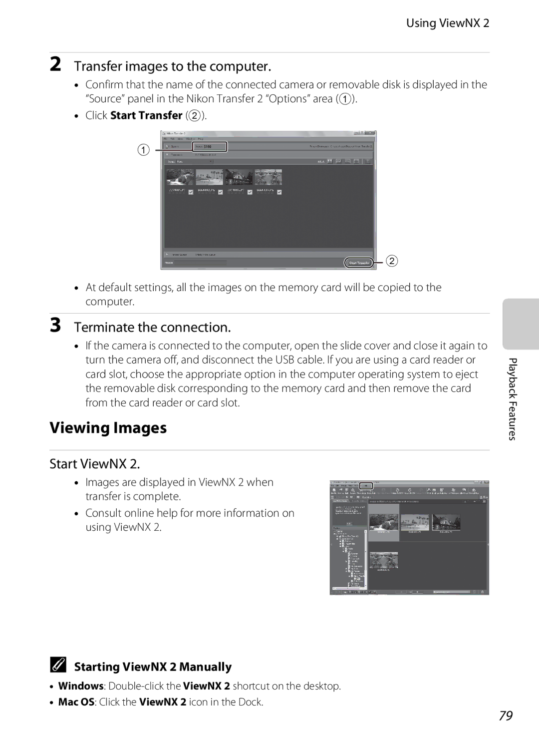 Nikon COOLPIXS100RED manual Viewing Images, Transfer images to the computer, Terminate the connection, Start ViewNX 