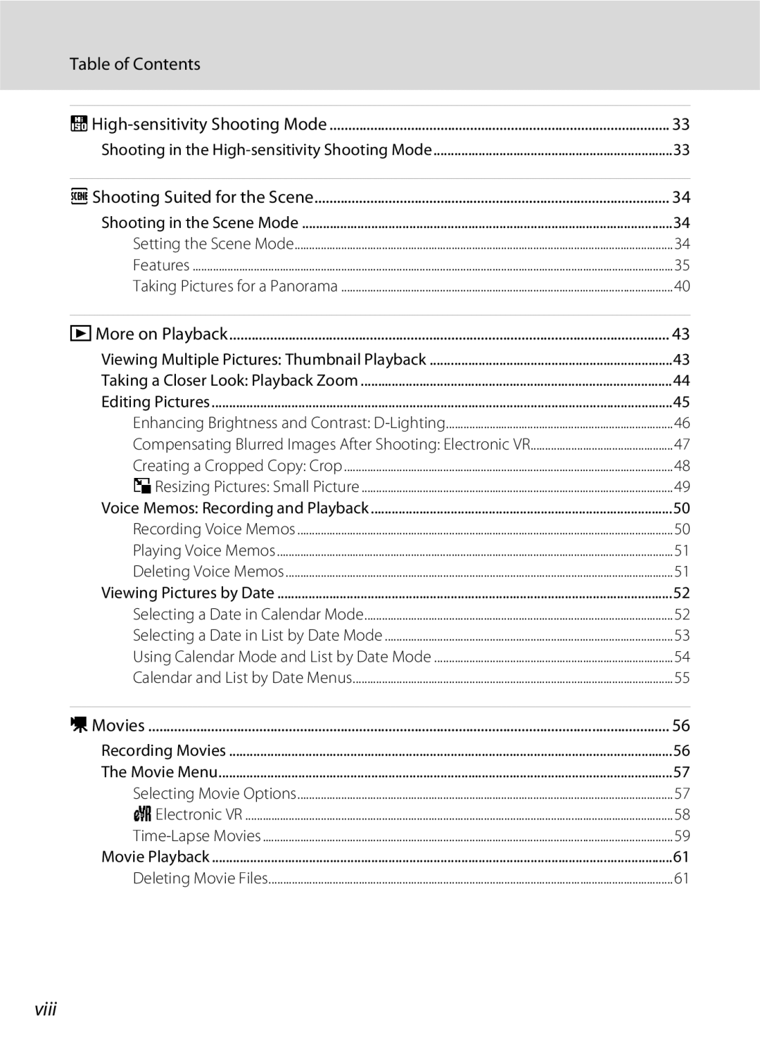 Nikon COOLPIXS210CB, COOLPIXS210P manual Viii, Table of Contents 