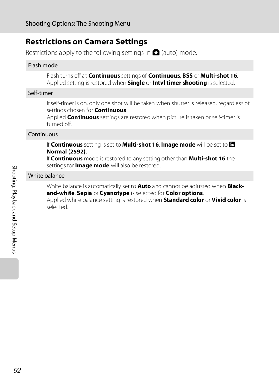 Nikon COOLPIXS210CB manual Restrictions on Camera Settings, Restrictions apply to the following settings in a auto mode 