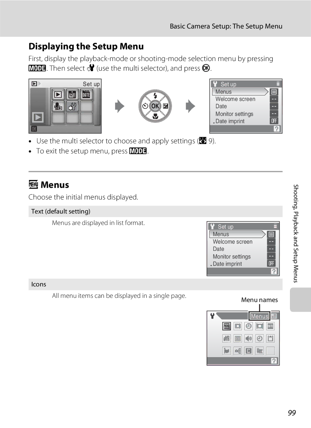 Nikon COOLPIXS210P Displaying the Setup Menu, Menus, Basic Camera Setup The Setup Menu, To exit the setup menu, press e 