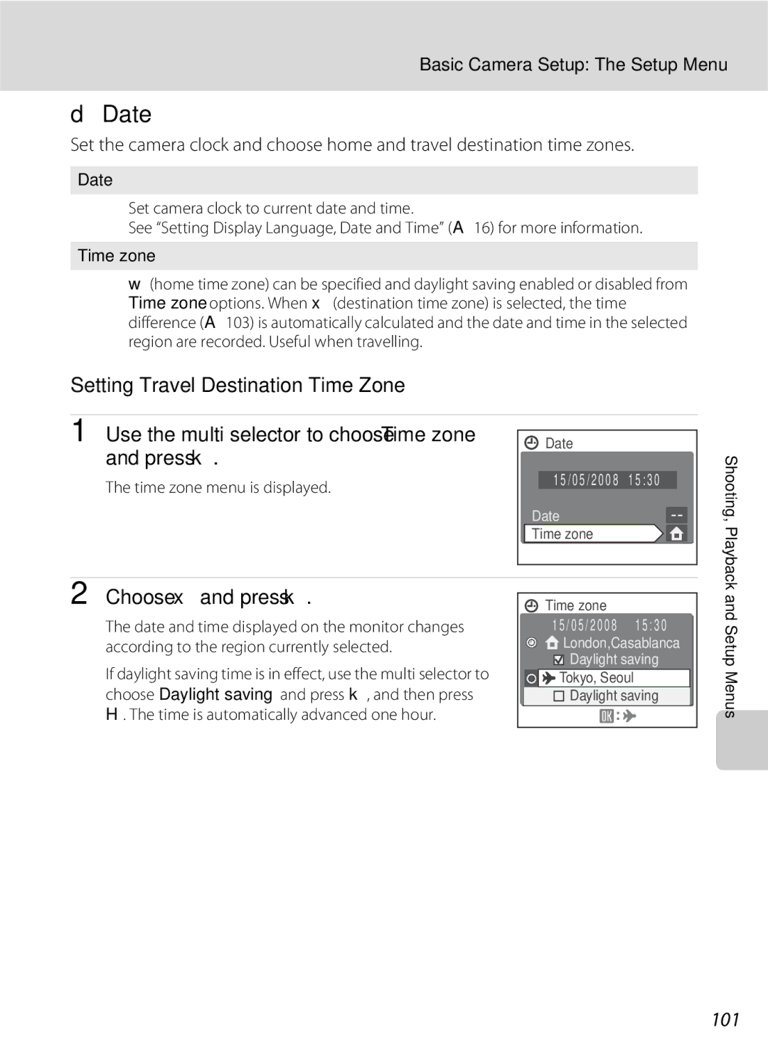 Nikon COOLPIXS210P Date, Setting Travel Destination Time Zone, Use the multi selector to choose Time zone and press k, 101 