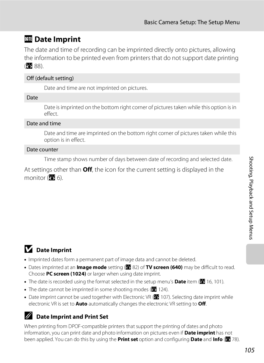 Nikon COOLPIXS210P, COOLPIXS210CB manual 105, Date Imprint and Print Set 