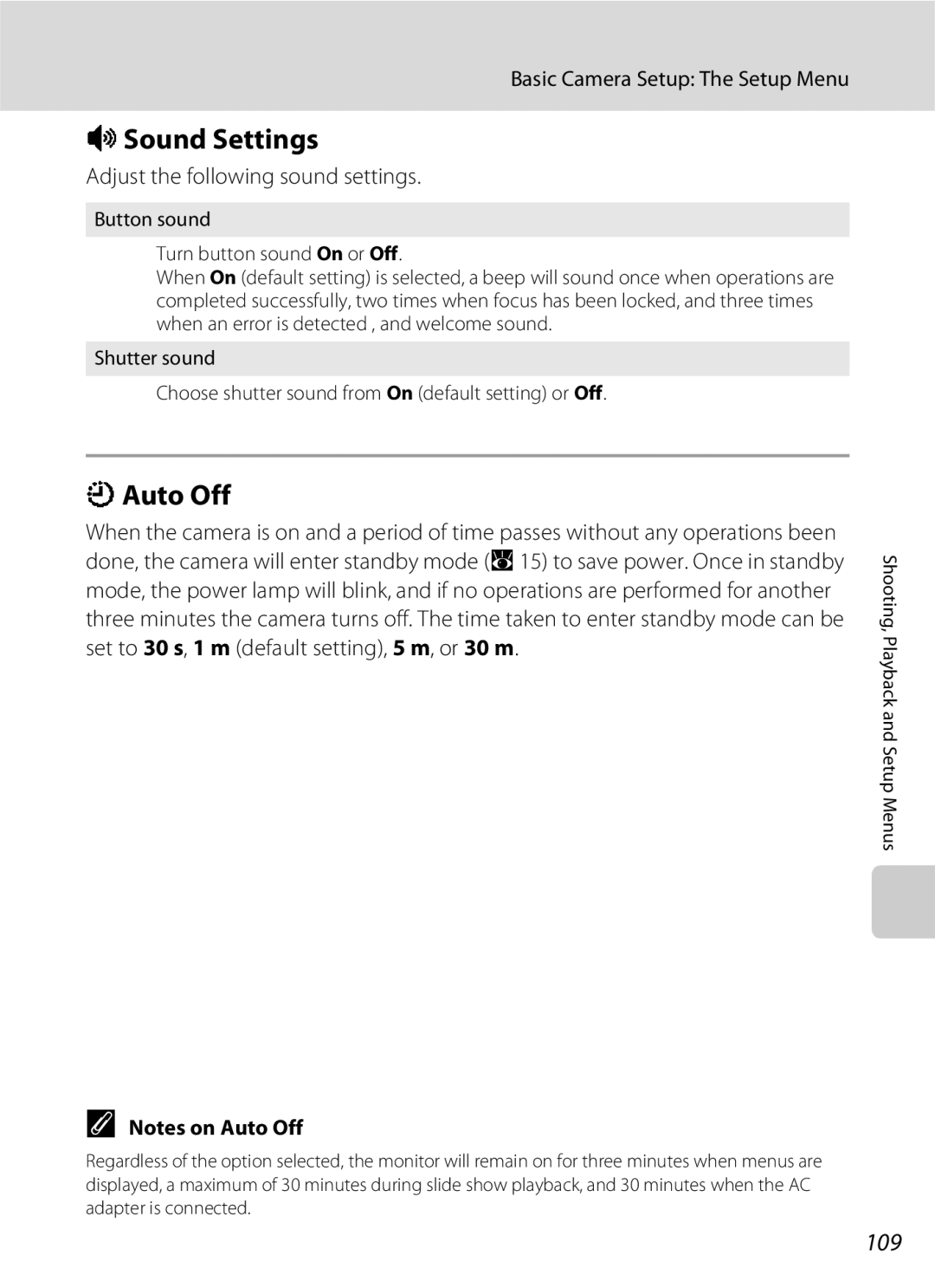 Nikon COOLPIXS210P, COOLPIXS210CB manual ISound Settings, Auto Off, 109, Adjust the following sound settings 