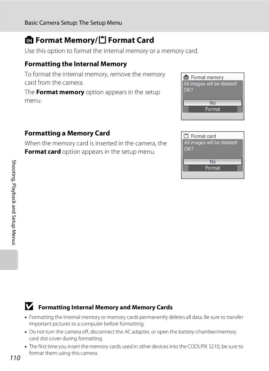 Nikon COOLPIXS210CB manual LFormat Memory/mFormat Card, Formatting the Internal Memory, Formatting a Memory Card, 110 