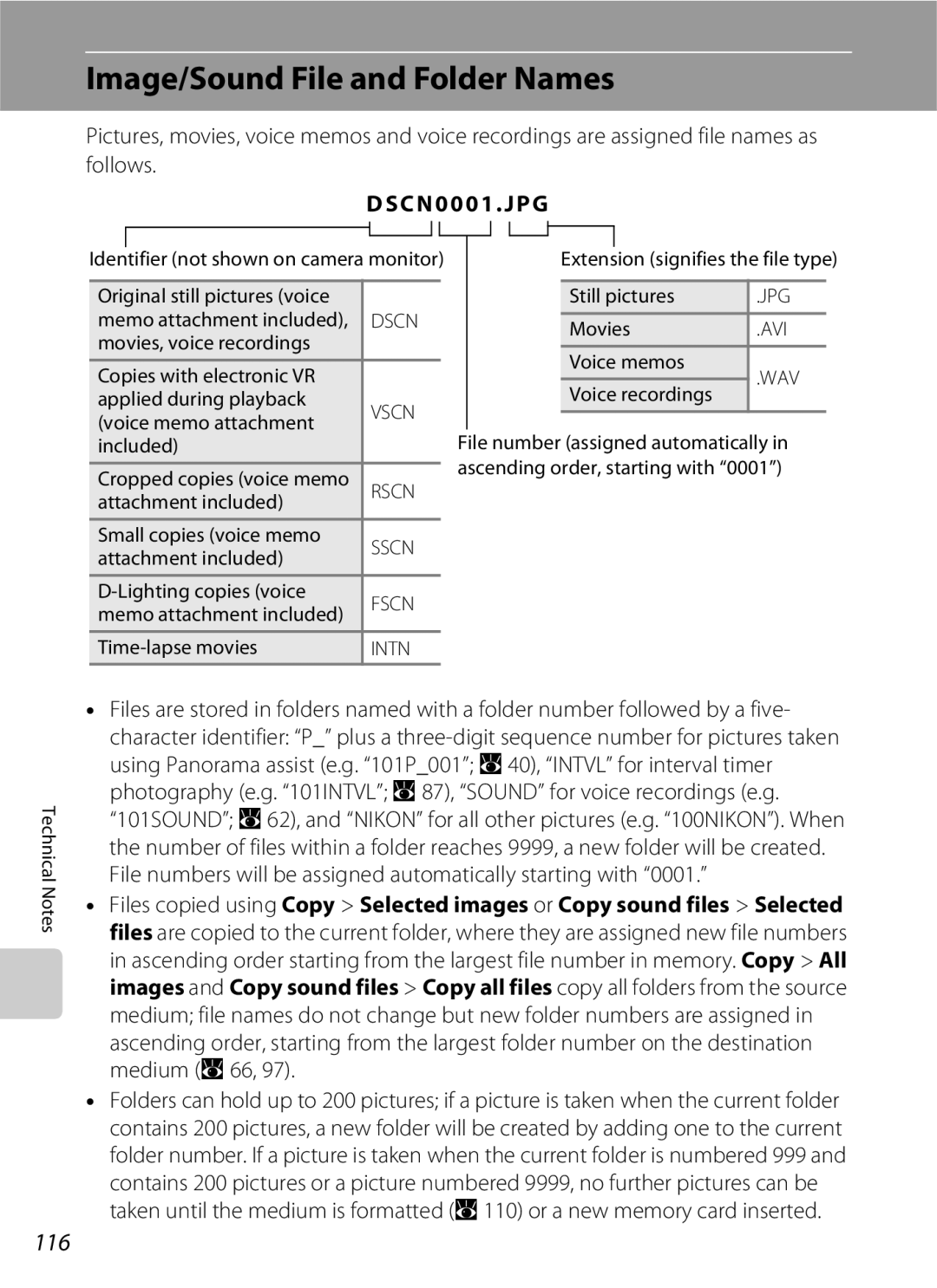 Nikon COOLPIXS210CB, COOLPIXS210P manual Image/Sound File and Folder Names, 116, Dscn 0001 .JPG 