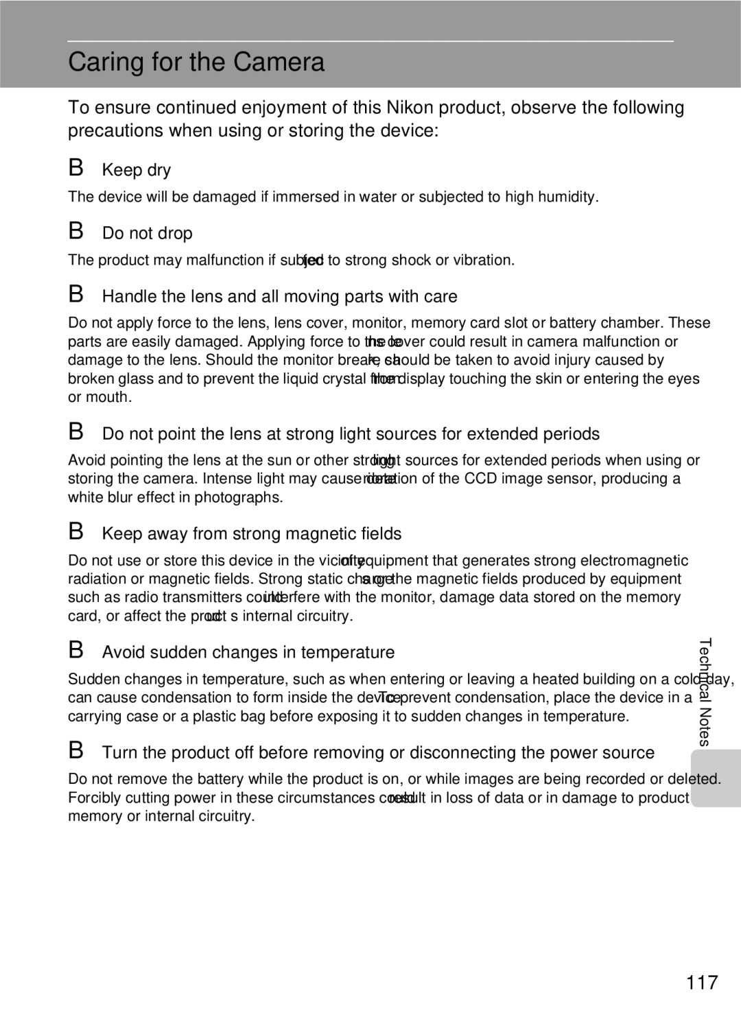 Nikon COOLPIXS210P, COOLPIXS210CB manual Caring for the Camera, 117 