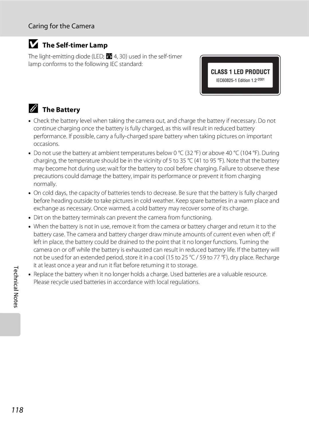 Nikon COOLPIXS210CB, COOLPIXS210P manual 118, Caring for the Camera, Self-timer Lamp, Battery 