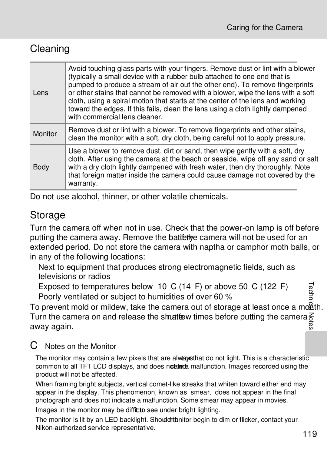 Nikon COOLPIXS210P, COOLPIXS210CB manual Cleaning, Storage, 119, Do not use alcohol, thinner, or other volatile chemicals 