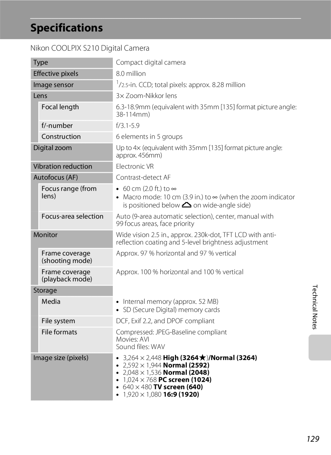 Nikon COOLPIXS210P, COOLPIXS210CB manual Specifications, 129, Nikon Coolpix S210 Digital Camera, 920 × 1,080 169 