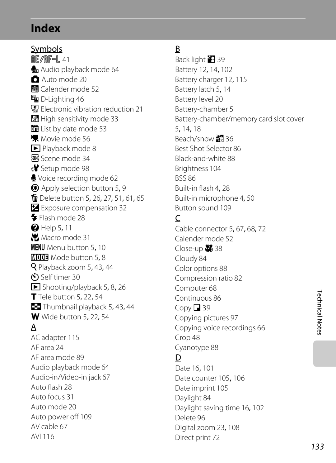 Nikon COOLPIXS210P, COOLPIXS210CB manual Index, Symbols, 133 