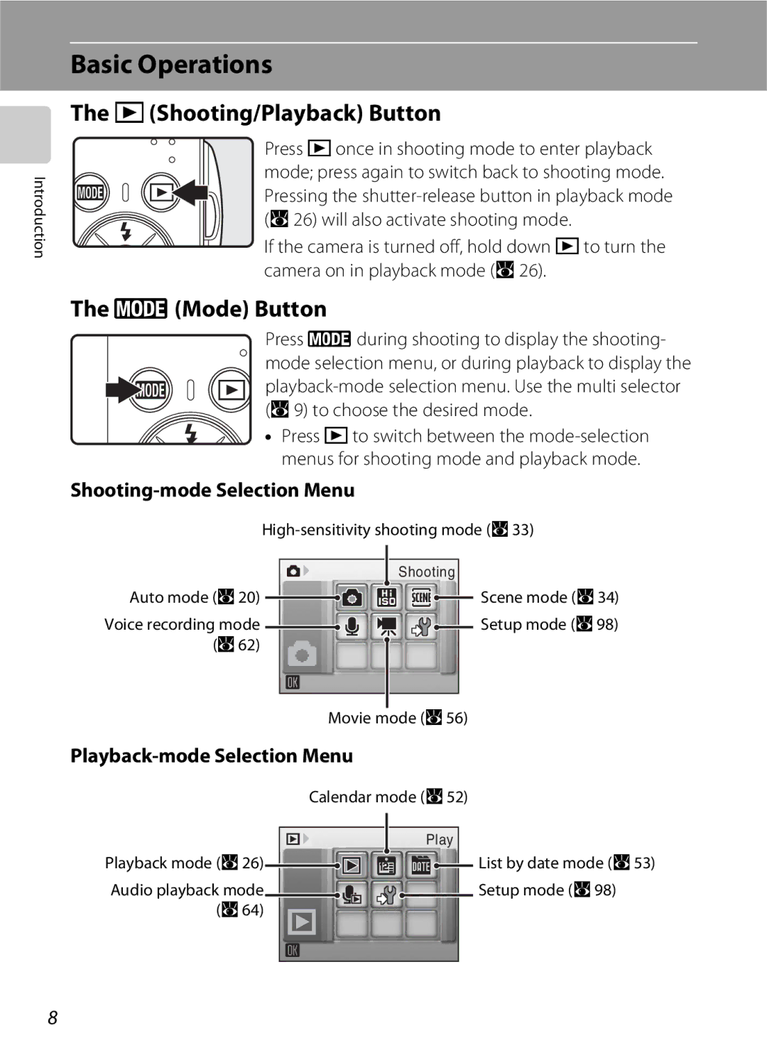 Nikon COOLPIXS210CB, COOLPIXS210P Basic Operations, CShooting/Playback Button, E Mode Button, Shooting-mode Selection Menu 