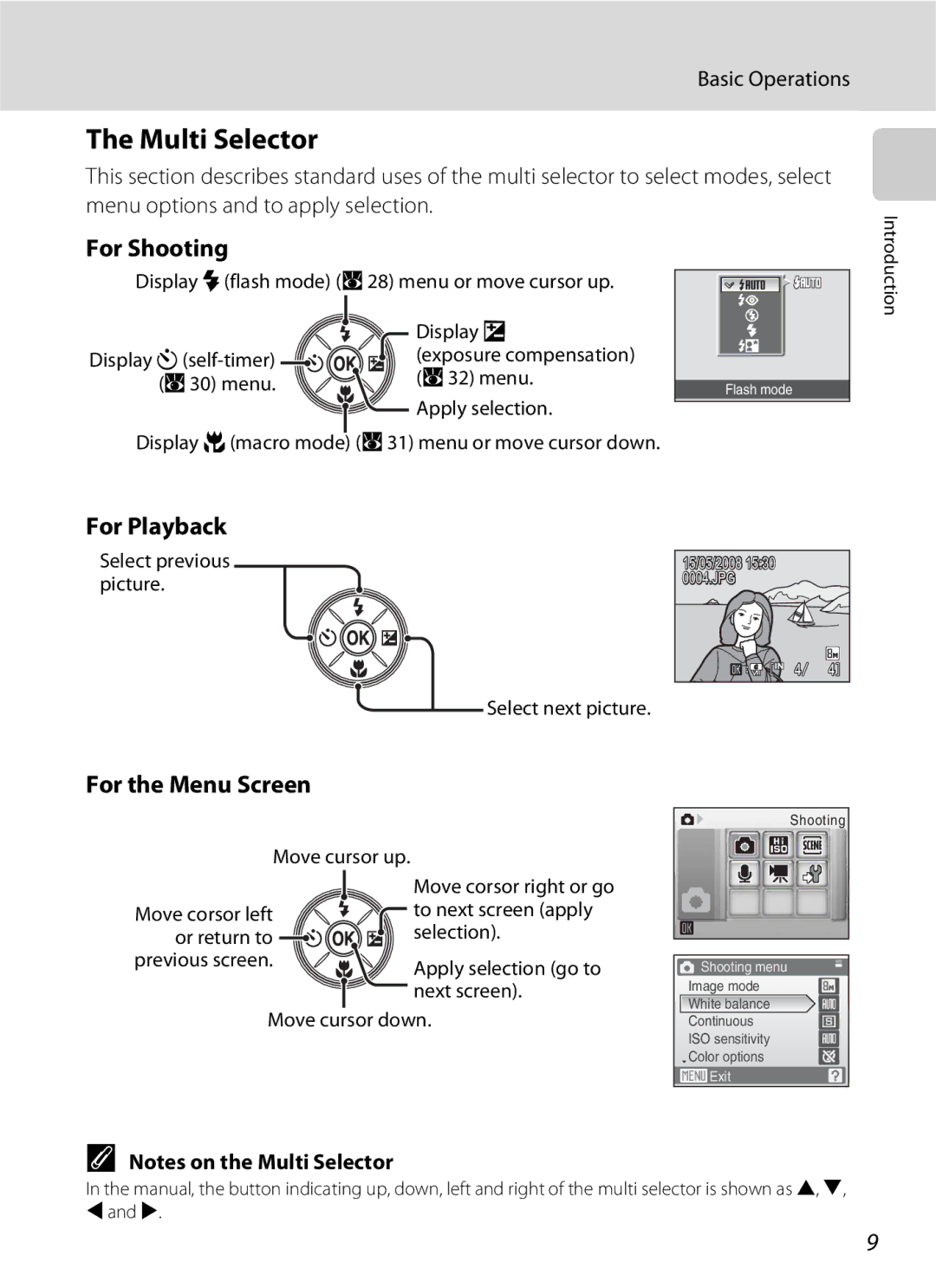 Nikon COOLPIXS210P, COOLPIXS210CB manual Multi Selector, For Shooting, For Playback, For the Menu Screen, Basic Operations 