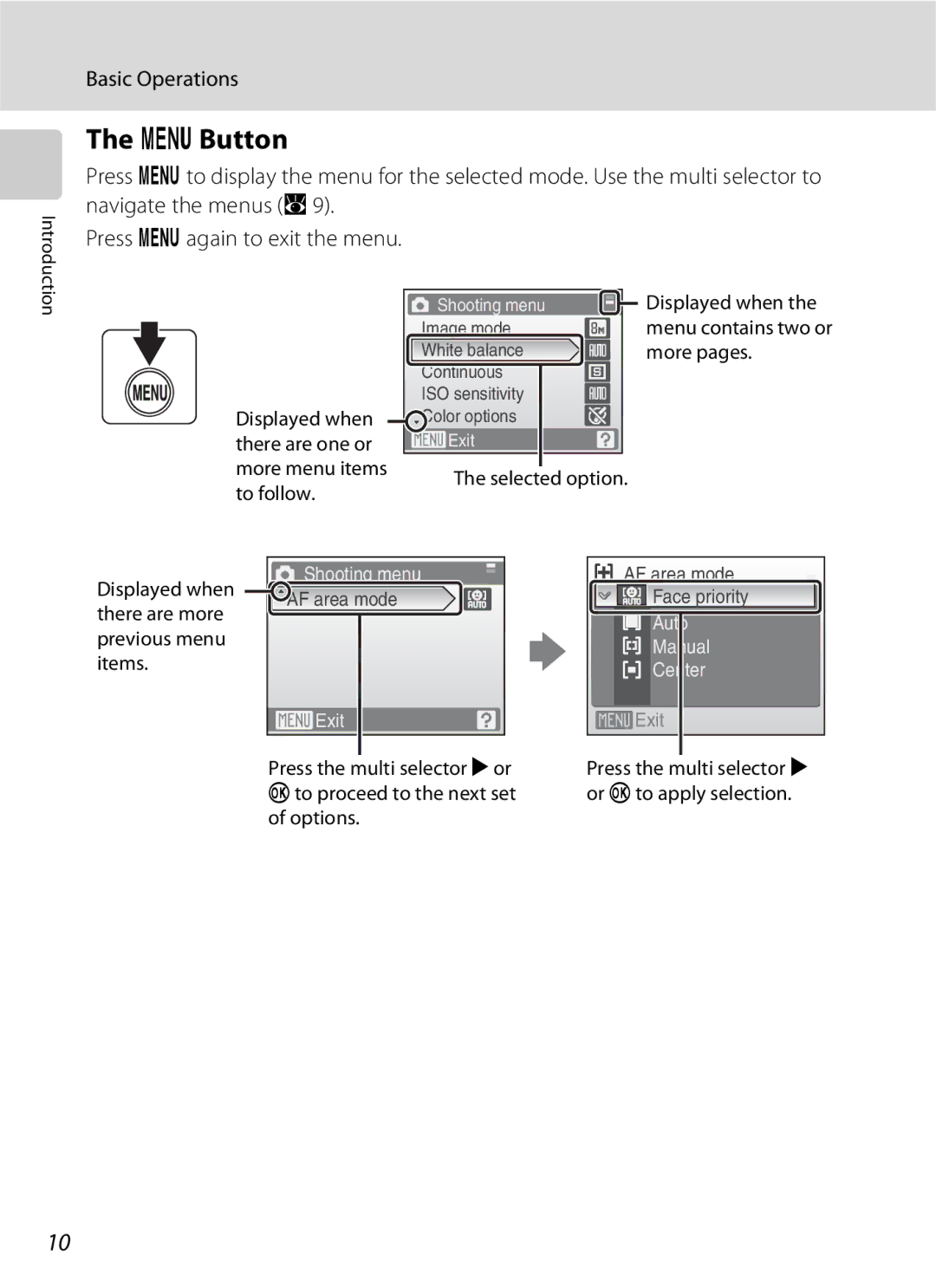 Nikon COOLPIXS210CB manual DButton, Displayed when there are one or more menu items to follow, Press the multi selector Kor 