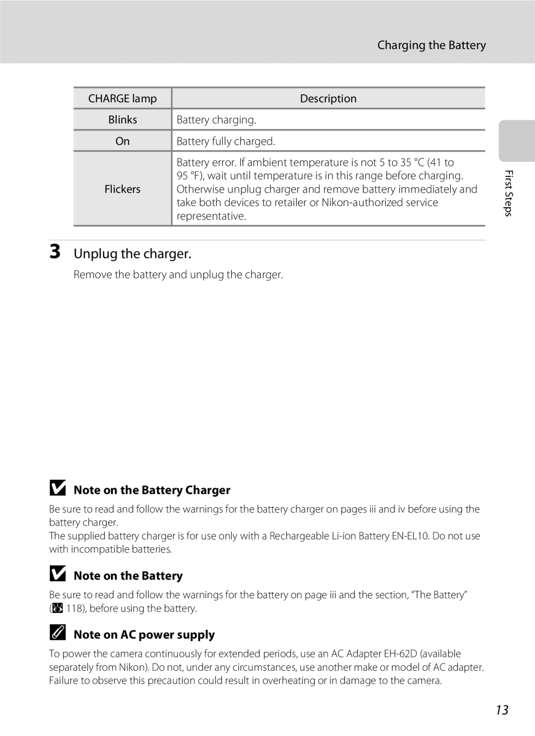 Nikon COOLPIXS210P, COOLPIXS210CB manual Unplug the charger, Charging the Battery 