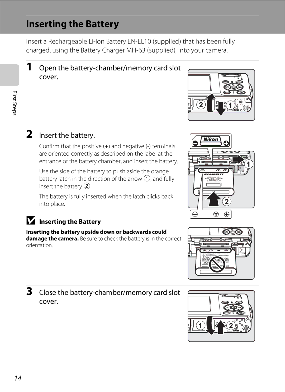 Nikon COOLPIXS210CB manual Inserting the Battery, Open the battery-chamber/memory card slot Cover, Insert the battery 