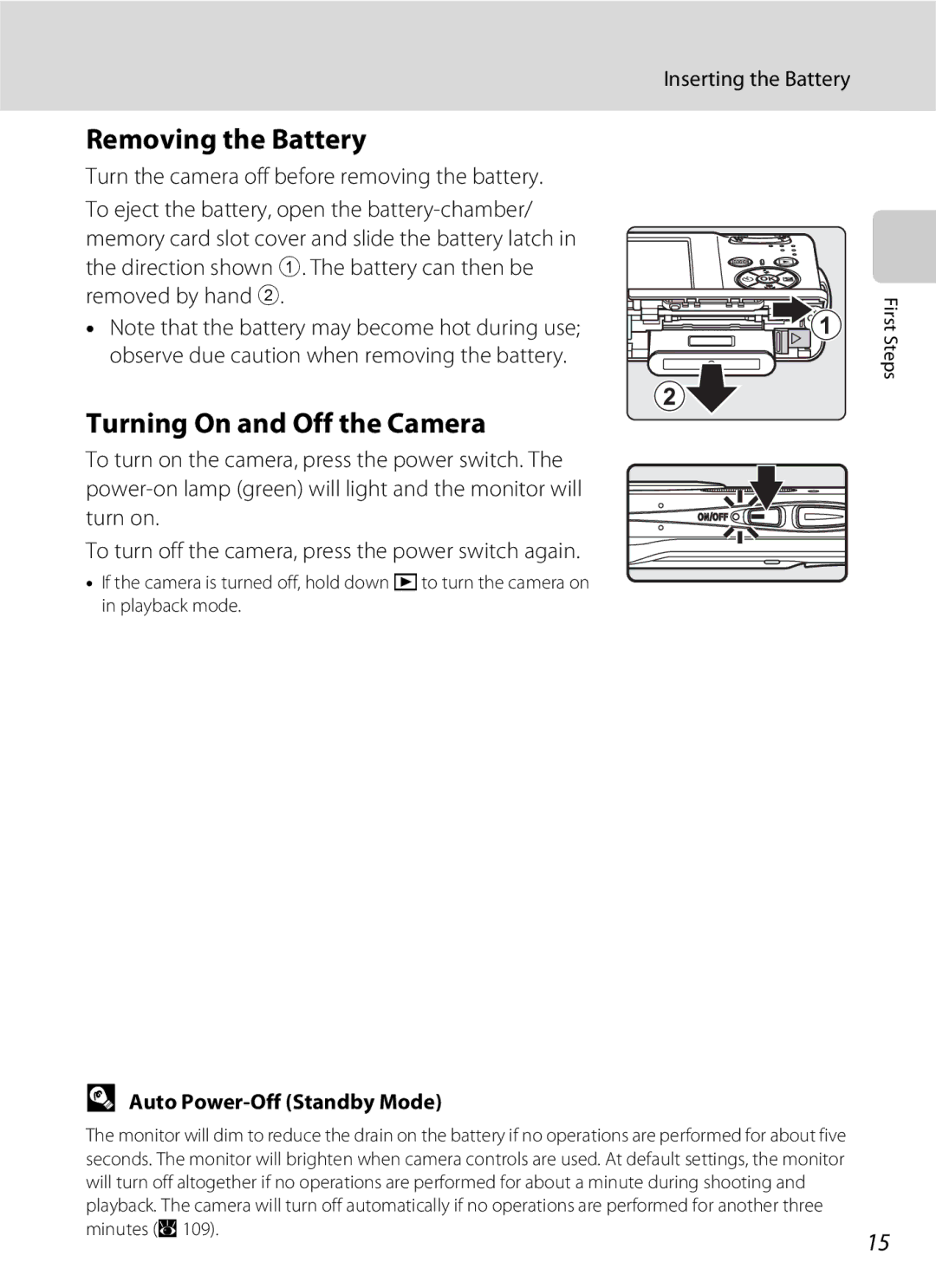 Nikon COOLPIXS210P Removing the Battery, Turning On and Off the Camera, Inserting the Battery, Auto Power-Off Standby Mode 