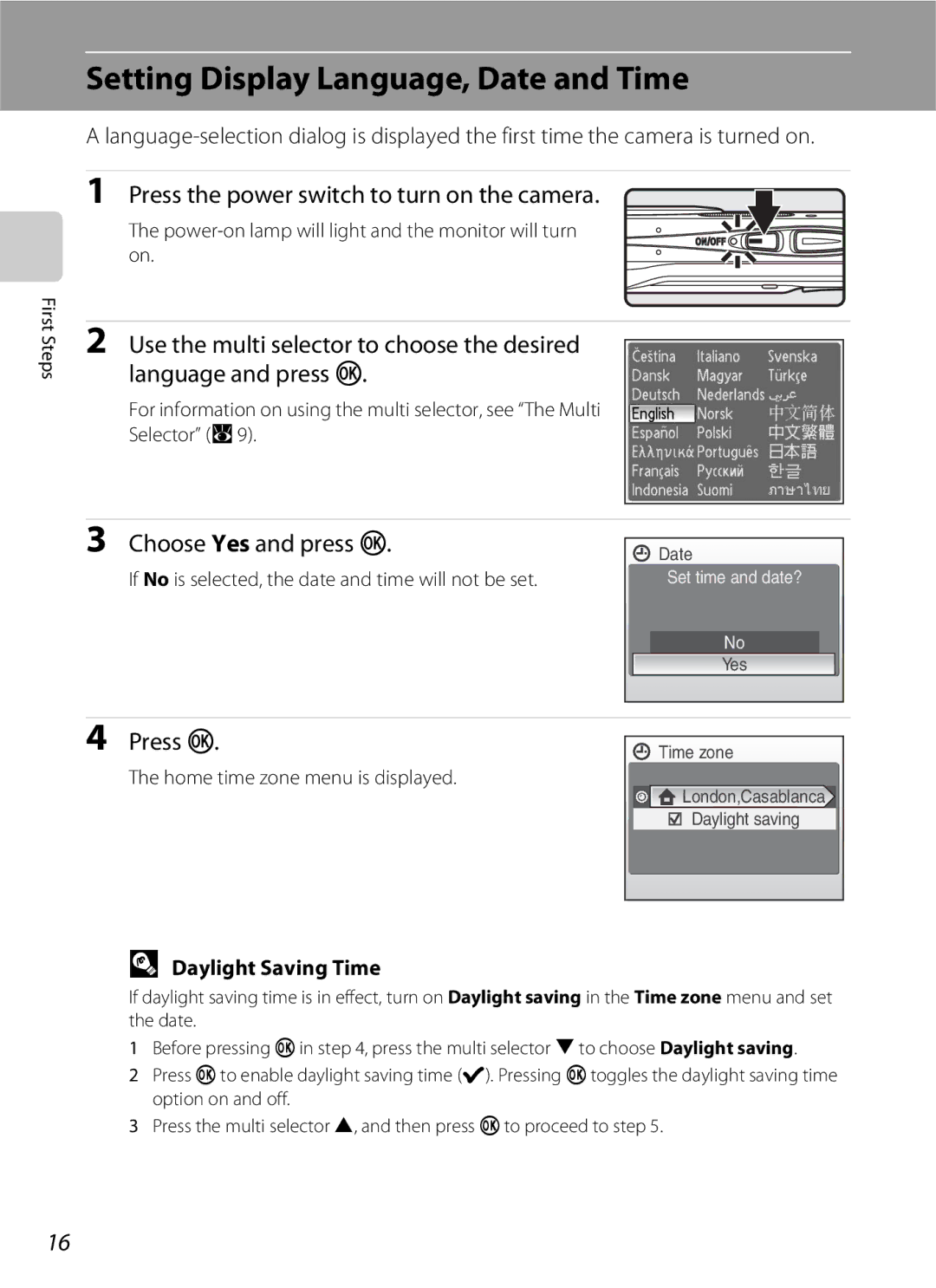 Nikon COOLPIXS210CB manual Setting Display Language, Date and Time, Press the power switch to turn on the camera, Press k 