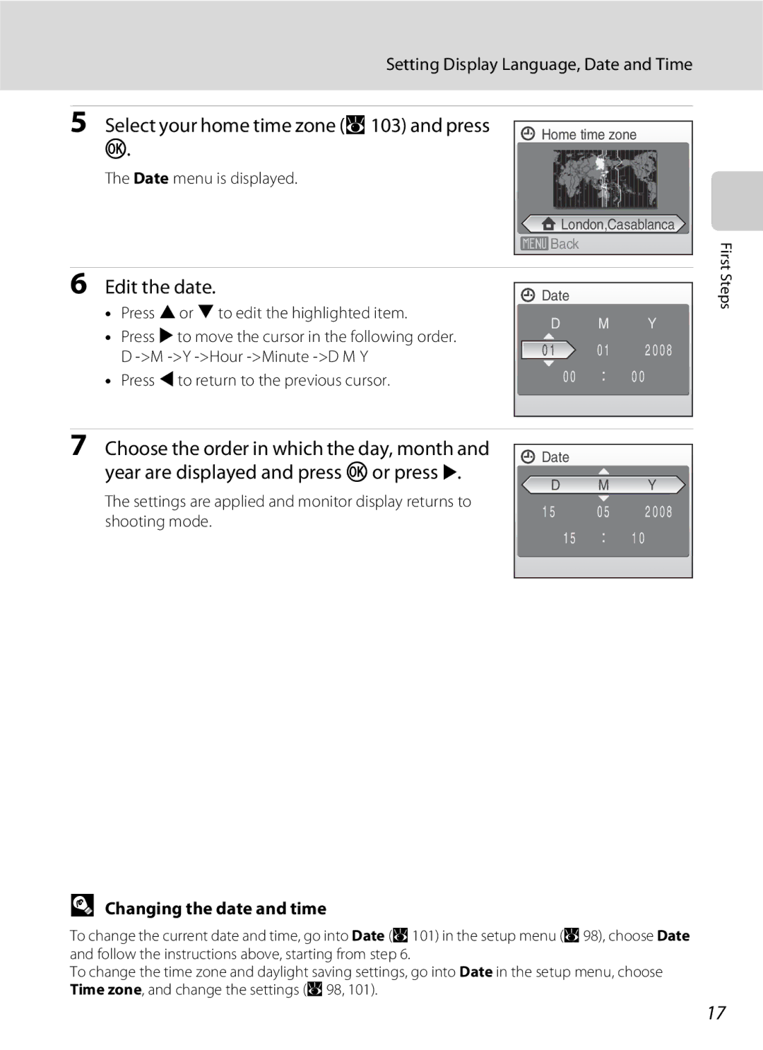 Nikon COOLPIXS210P Select your home time zone a 103 and press k, Edit the date, Setting Display Language, Date and Time 