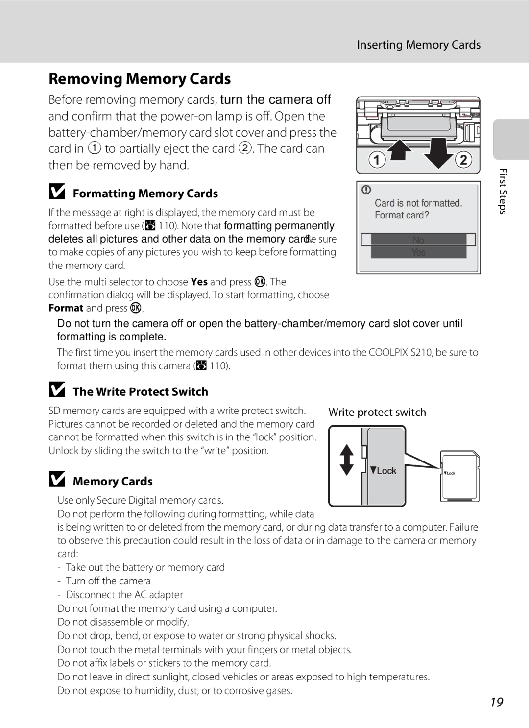 Nikon COOLPIXS210P manual Removing Memory Cards, Inserting Memory Cards, Formatting Memory Cards, Write Protect Switch 