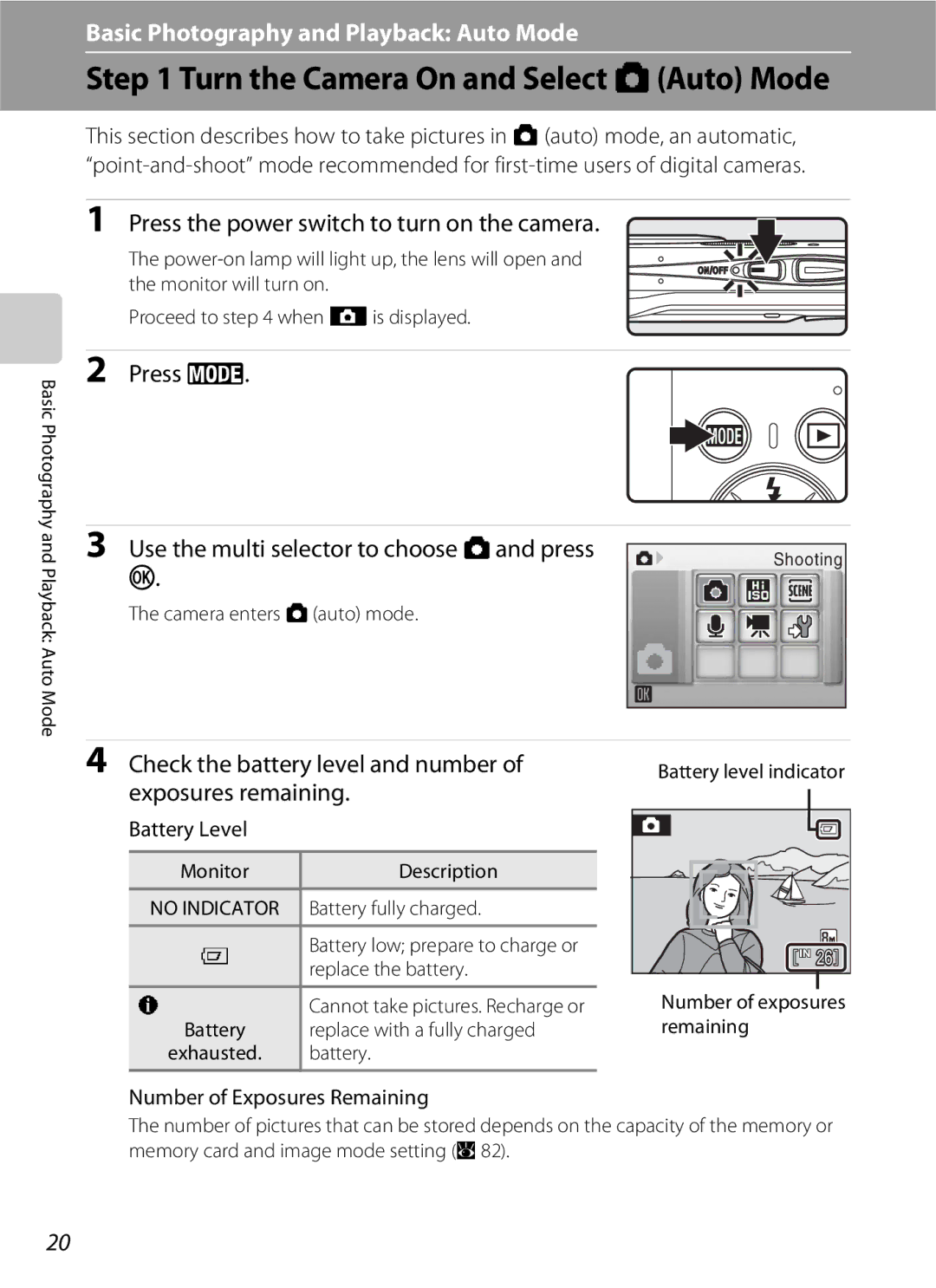 Nikon COOLPIXS210CB manual Turn the Camera On and Select AAuto Mode, Press e Use the multi selector to choose Aand press 