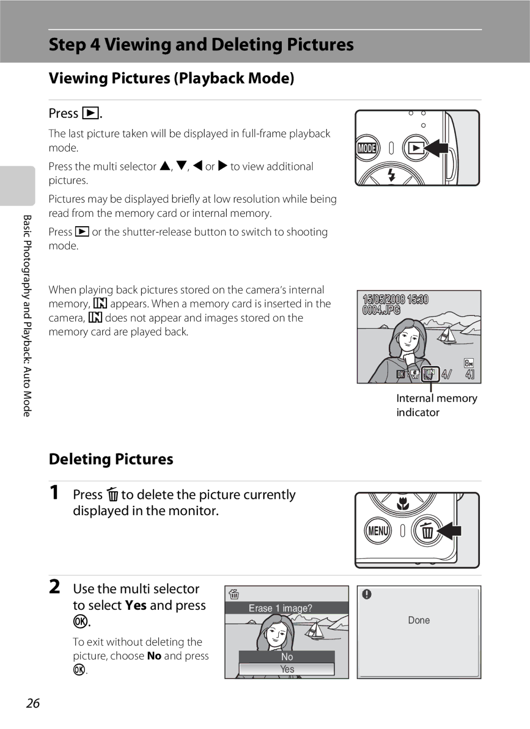 Nikon COOLPIXS210CB, COOLPIXS210P manual Viewing and Deleting Pictures, Viewing Pictures Playback Mode, Press c 