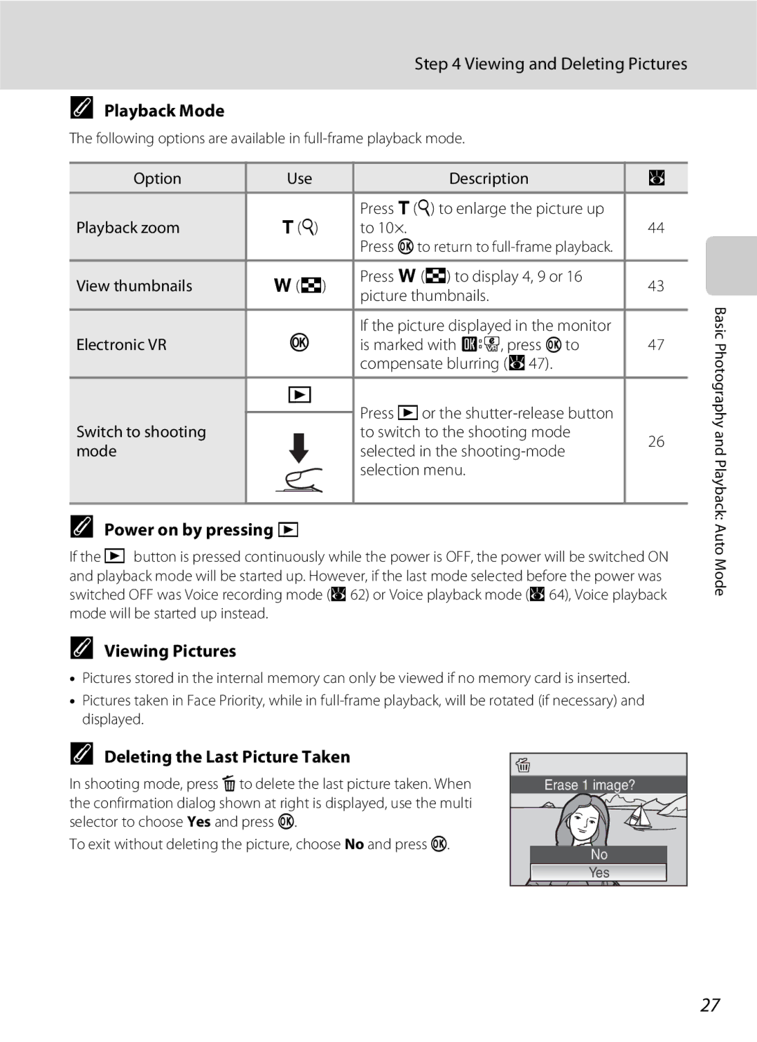 Nikon COOLPIXS210P, COOLPIXS210CB Viewing and Deleting Pictures, Playback Mode, Power on by pressing c, Viewing Pictures 