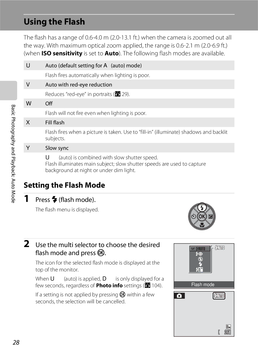 Nikon COOLPIXS210CB, COOLPIXS210P Using the Flash, Setting the Flash Mode, Press m flash mode, Flash menu is displayed 