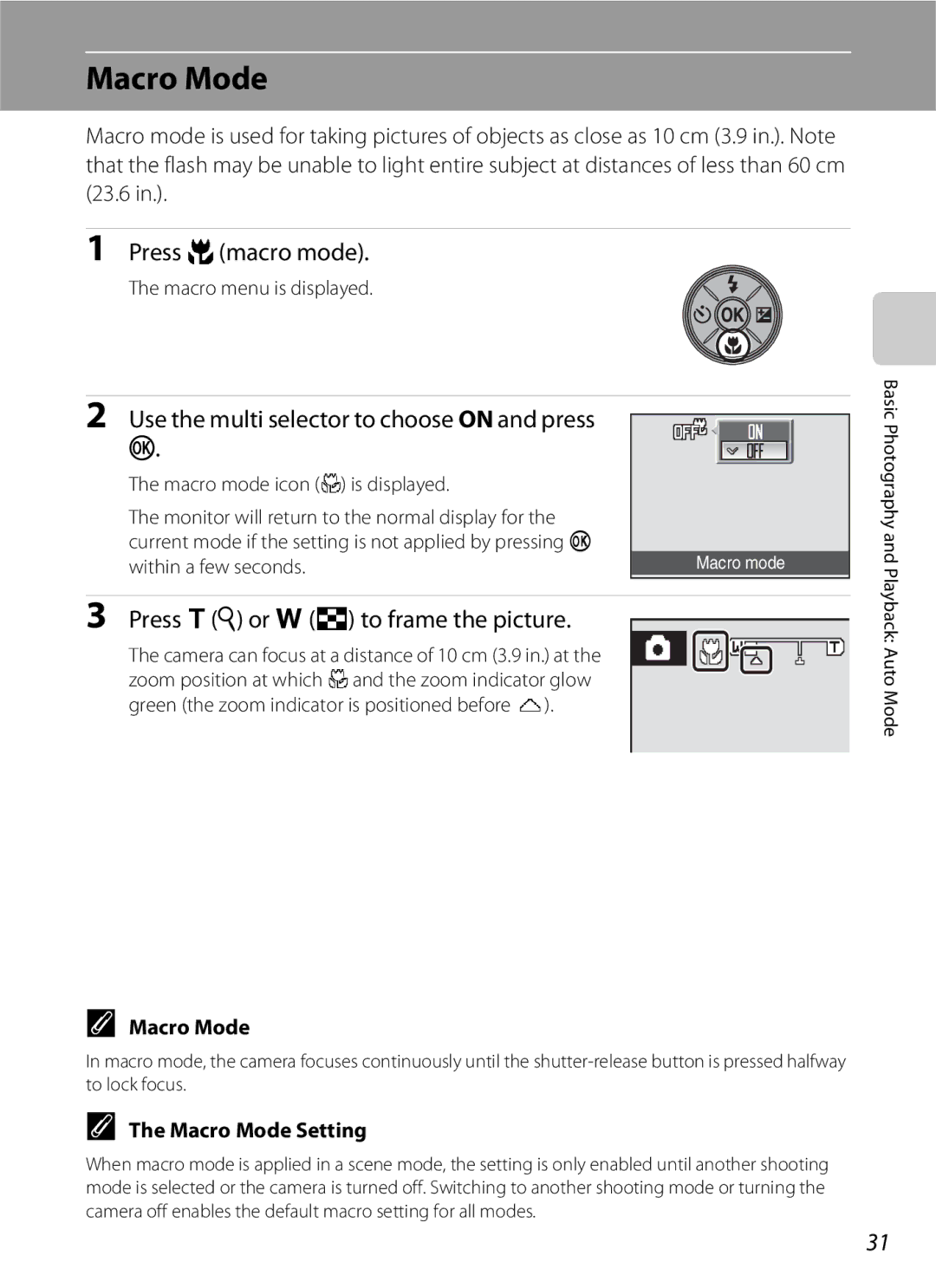 Nikon COOLPIXS210P, COOLPIXS210CB manual Macro Mode, Press pmacro mode, Use the multi selector to choose on and press k 