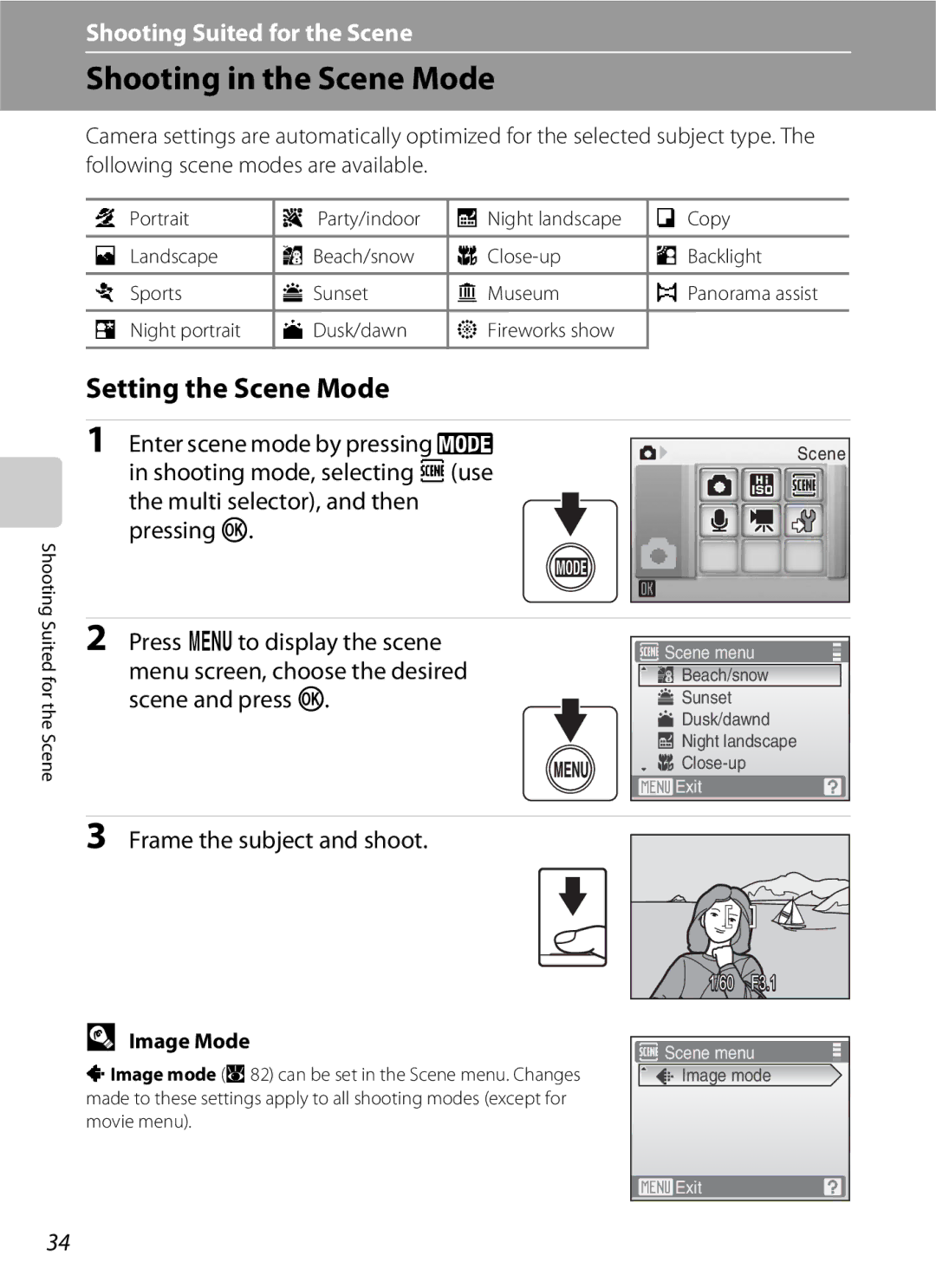 Nikon COOLPIXS210CB Shooting in the Scene Mode, Setting the Scene Mode, Enter scene mode by pressing e, Scene and press k 