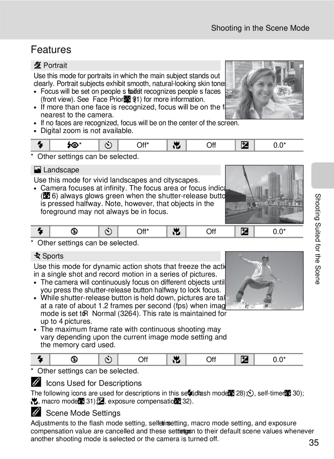 Nikon COOLPIXS210P manual Features, Shooting in the Scene Mode, Icons Used for Descriptions, Scene Mode Settings, Off 