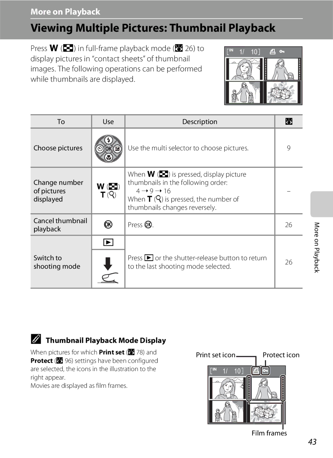 Nikon COOLPIXS210P manual Viewing Multiple Pictures Thumbnail Playback, Thumbnail Playback Mode Display, Film frames 