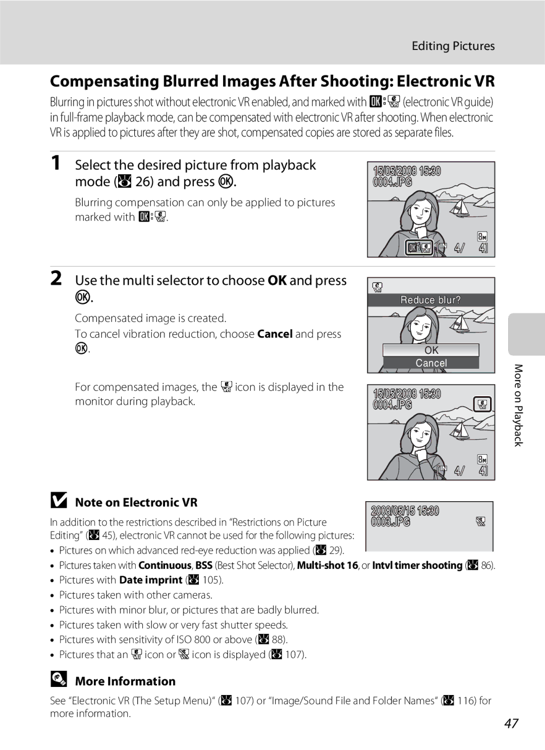 Nikon COOLPIXS210P, COOLPIXS210CB manual Compensating Blurred Images After Shooting Electronic VR 