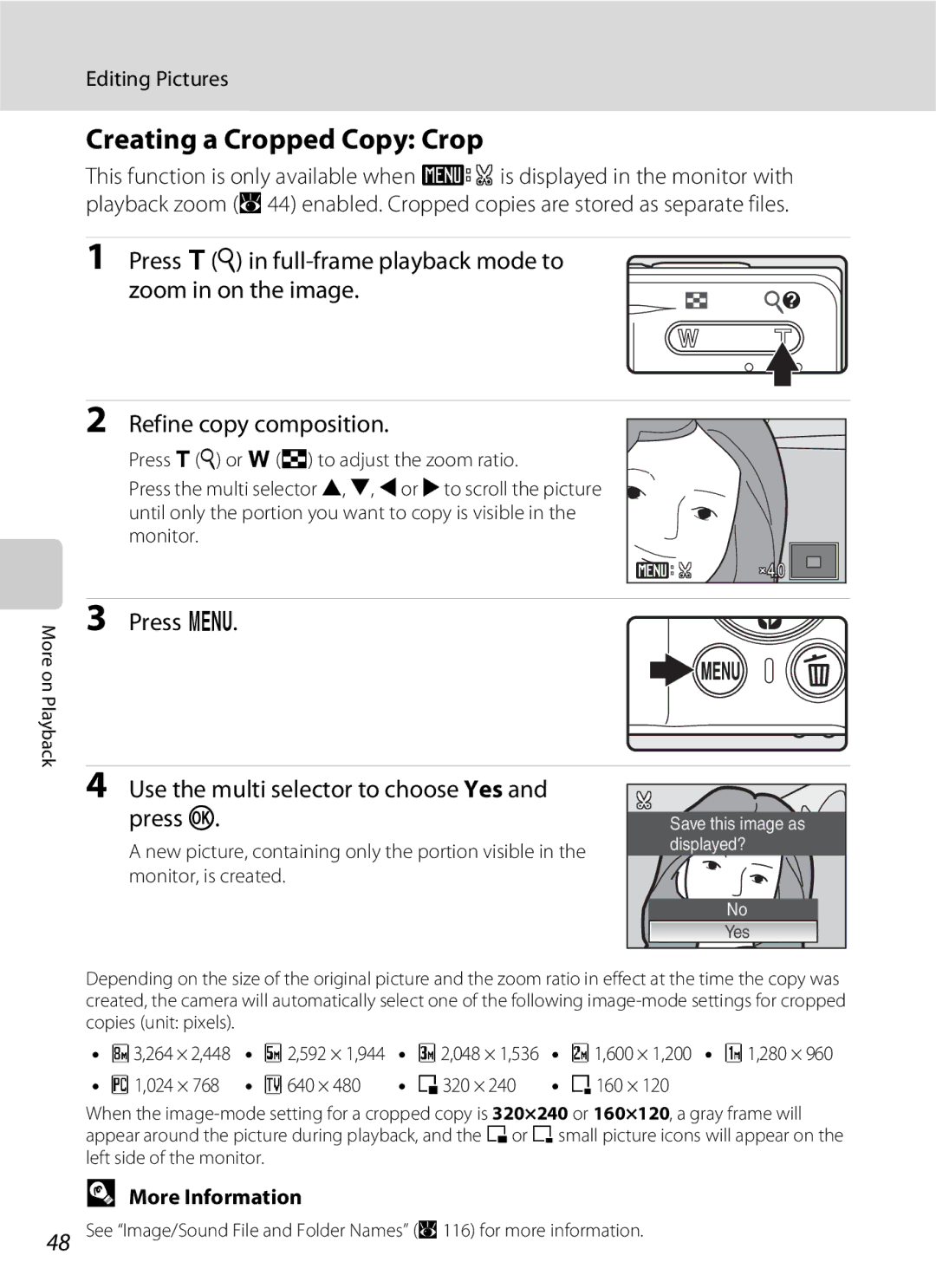 Nikon COOLPIXS210CB, COOLPIXS210P Creating a Cropped Copy Crop, Refine copy composition, J1,024 × K640 × L320 × M160 × 