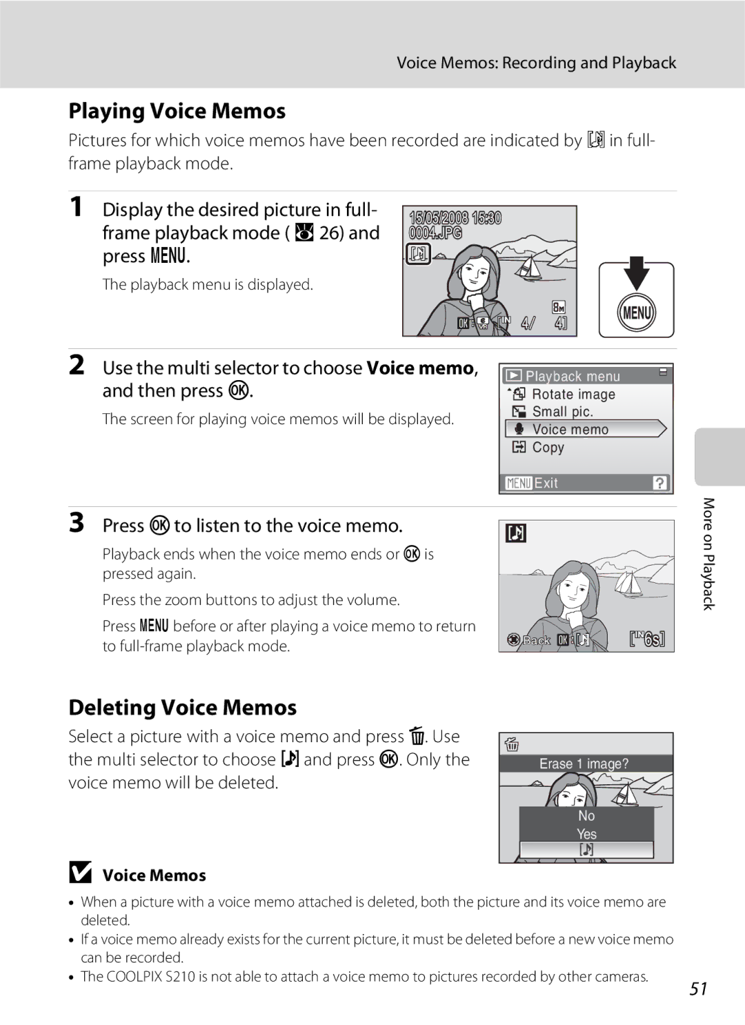 Nikon COOLPIXS210P, COOLPIXS210CB manual Playing Voice Memos, Deleting Voice Memos, Press kto listen to the voice memo 