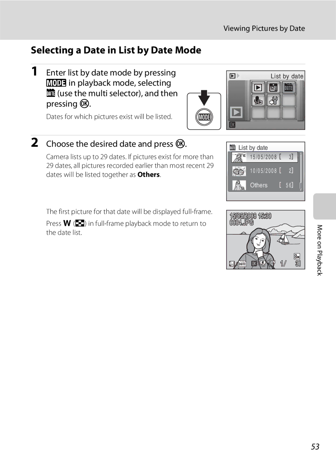 Nikon COOLPIXS210P, COOLPIXS210CB manual Selecting a Date in List by Date Mode, Viewing Pictures by Date 