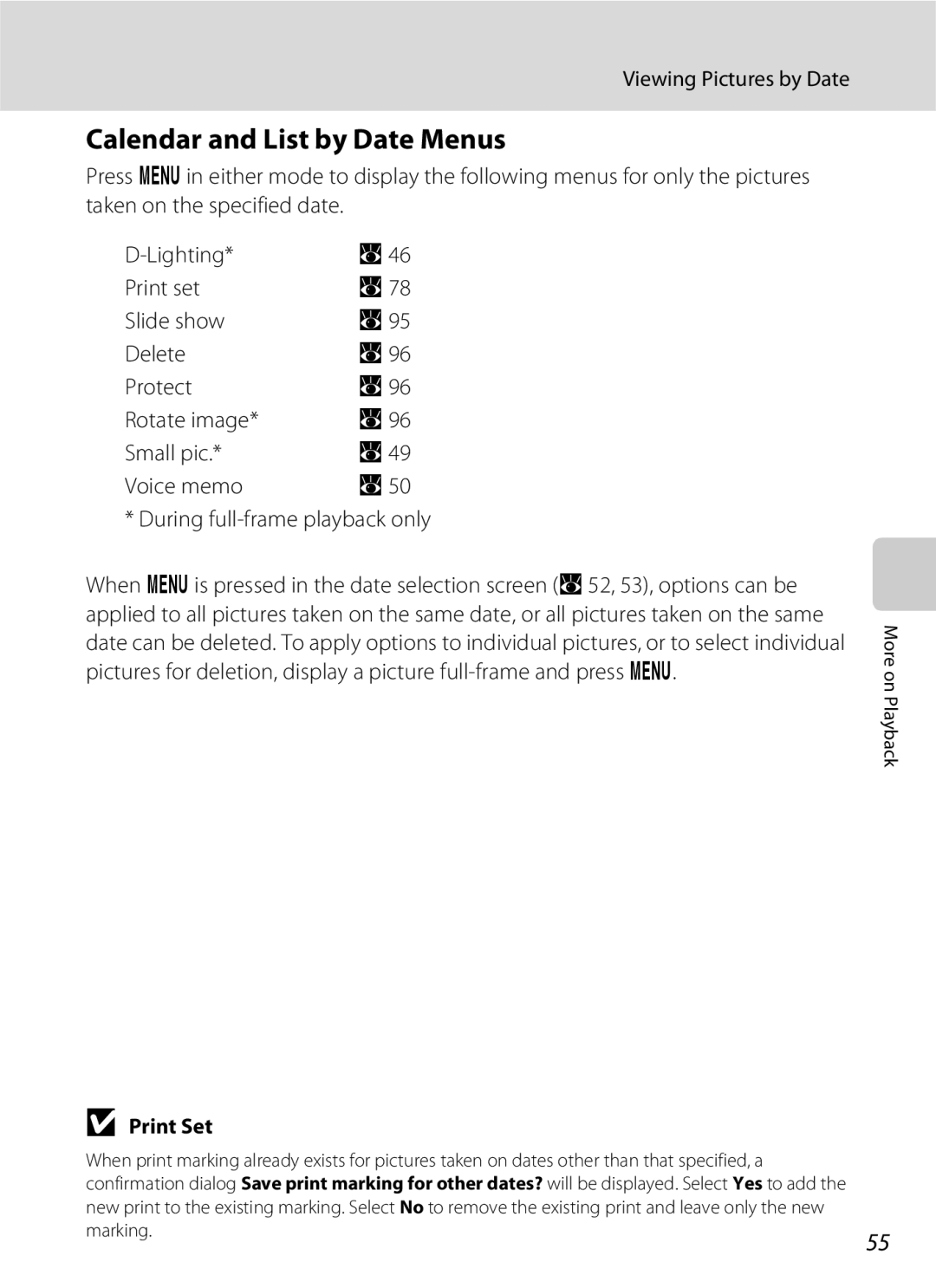 Nikon COOLPIXS210P, COOLPIXS210CB manual Calendar and List by Date Menus, Print Set 